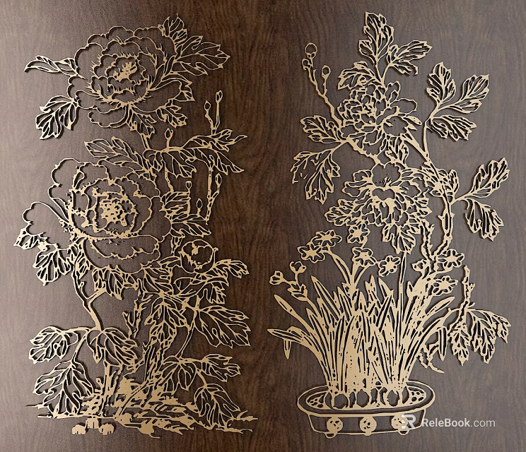 Wooden Carving Artwork With Peony Flowers Leaves And Vase Design On Dark Wood 3d model 