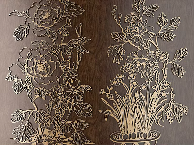 Wooden Carving Artwork With Peony Flowers Leaves And Vase Design On Dark Wood 3d model