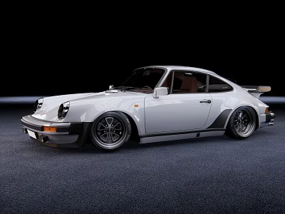 White Classic Porsche Sports Car With Widebody Black Wheels And Brown Interior 3d model