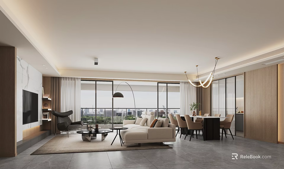 Spacious Modern Living Dining Room With Sofa Dining Table Large Windows And Chandelier 3d model 