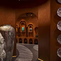 Elegant Traditional Interior With Woven Chandelier Stone Basin Ceramic Vases And Decorative Items