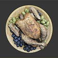 Golden Brown Roasted Chicken Served on Wooden Plate with Blue and Green Grapes
