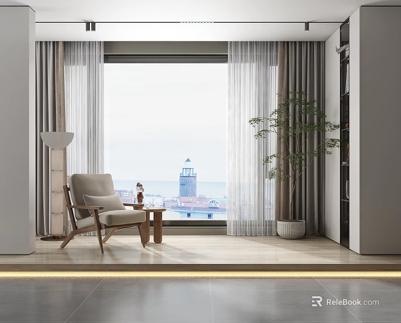 Modern Curtains With Armchair Side Table Floor Lamp Potted Plant And Seaside Lighthouse View 3d model 
