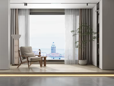 Modern Curtains With Armchair Side Table Floor Lamp Potted Plant And Seaside Lighthouse View 3d model