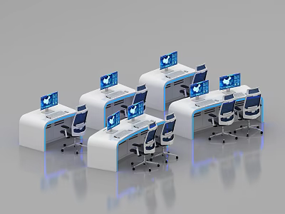 Modern Office Workspace With Multiple White Desks Computers Office Chairs And Blue Lighting 3d model