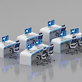 Modern Office Workspace With Multiple White Desks Computers Office Chairs And Blue Lighting 3d model