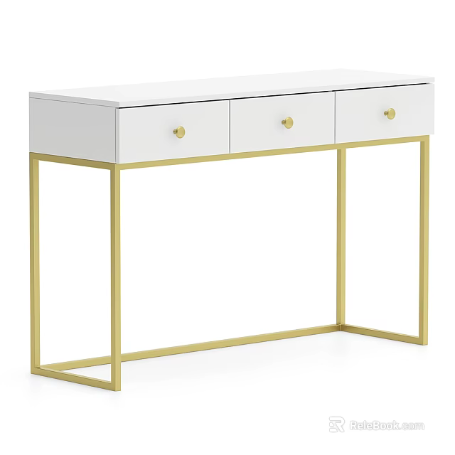 Modern White Dressing Table With Golden Metal Legs And Three Drawers Design 3d model 
