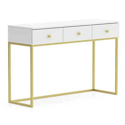 Modern White Dressing Table With Golden Metal Legs And Three Drawers Design 3d model