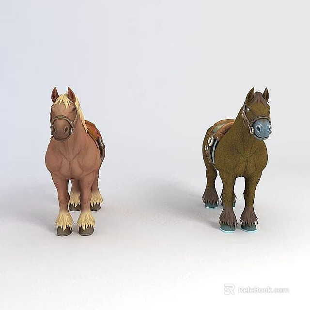Tech Exhibition Hall Showcasing Two Toy Horses With Saddle In Brown Hues 3d model 