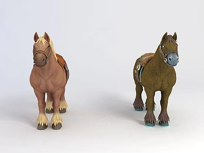 Tech Exhibition Hall Showcasing Two Toy Horses With Saddle In Brown Hues 3d model