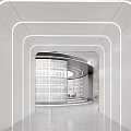 Modern Interior Space With Circular Ceiling Light Bookshelves Central Column And Sofas