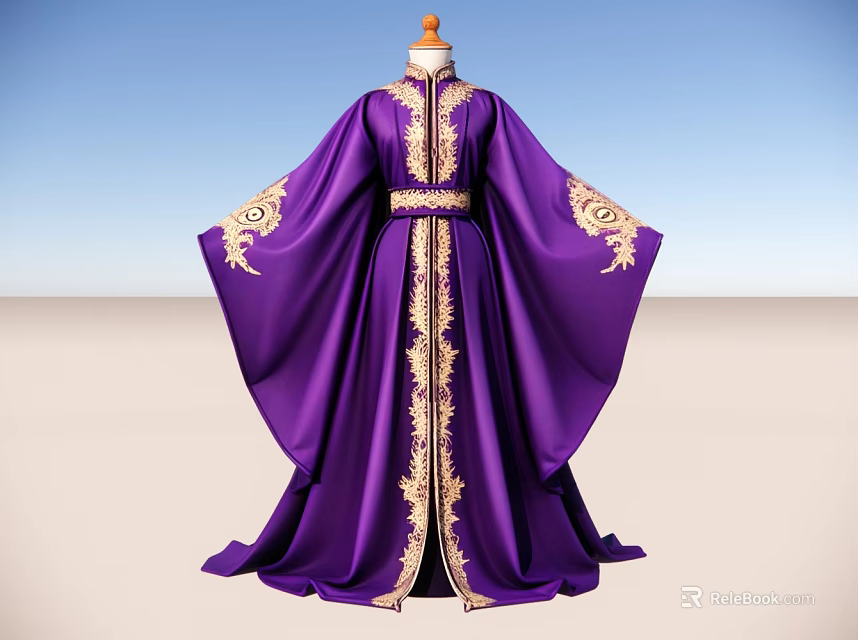 Elegant Purple Traditional Robe With Intricate Gold Embroidery And Flowing Sleeves 3d model 