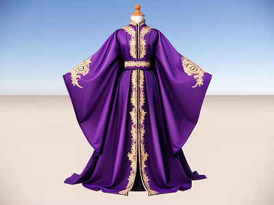 Elegant Purple Traditional Robe With Intricate Gold Embroidery And Flowing Sleeves 3d model