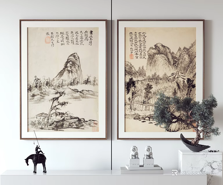 Traditional Chinese Landscape Paintings Hanging On Wall With Mountains Water And Trees 3d model 