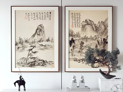 Traditional Chinese Landscape Paintings Hanging On Wall With Mountains Water And Trees 3d model