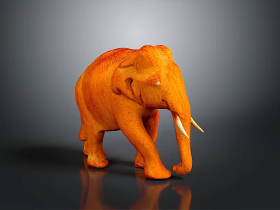 Orange Elephant Statue With White Tusks On Dark Reflective Surface 3d model