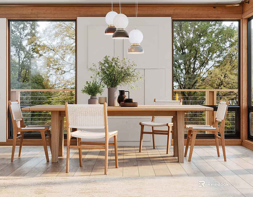 Modern Restaurant Interior With Wooden Dining Table Chairs Pendant Lights And Green Trees Outside Windows 3d model 