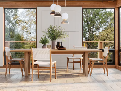 Modern Restaurant Interior With Wooden Dining Table Chairs Pendant Lights And Green Trees Outside Windows 3d model