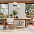 Modern Restaurant Interior With Wooden Dining Table Chairs Pendant Lights And Green Trees Outside Windows