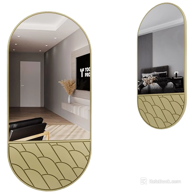 Oval Decorative Mirrors With Golden Wavy Pattern Frames Reflecting Living Room And Bedroom 3d model 