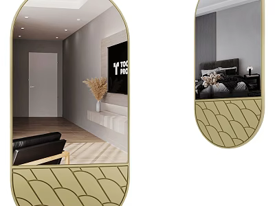Oval Decorative Mirrors With Golden Wavy Pattern Frames Reflecting Living Room And Bedroom 3d model