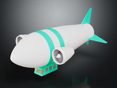 Cartoon Style Airship Model Featuring White Body Turquoise Stripes Propellers and Tail Wings 3d model