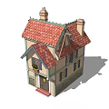 Cartoon House With Red Tiled Roof Chimney Palm Trees Green Lawn And Blue Sky