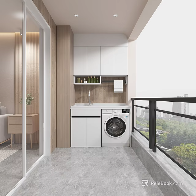 Home Balcony Open Design With Washing Machine Counter Cabinets And City View 3d model 