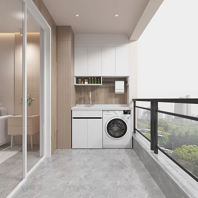 Home Balcony Open Design With Washing Machine Counter Cabinets And City View 3d model
