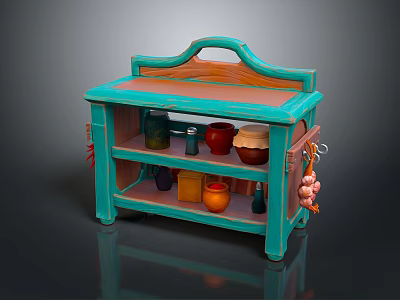 Turquoise Kitchen Cart With Shelves Holding Clay Pots Cups And Hanging Garlic 3d model