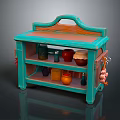Turquoise Kitchen Cart With Shelves Holding Clay Pots Cups And Hanging Garlic