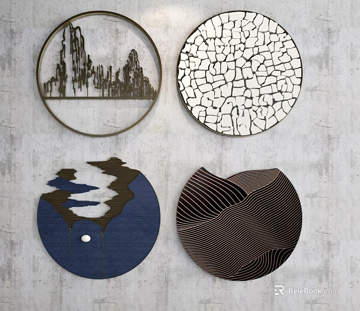 Stylish Circular Wall Decor Featuring Mountain Cracked Wave And Striped Patterns For Interior 3d model