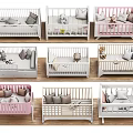 Stylish Baby Cribs In White And Pink With Pillows And Stuffed Toys
