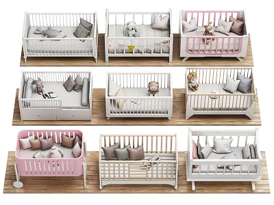 Stylish Baby Cribs In White And Pink With Pillows And Stuffed Toys 3d model