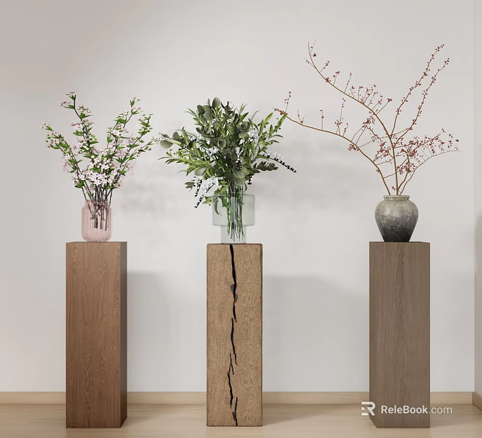 Three Vases Pink Transparent Glass And Gray With Flowers On Wooden Pedestals White Wall 3d model 