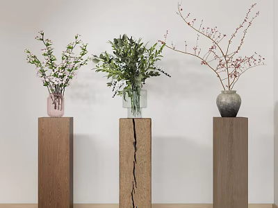 Three Vases Pink Transparent Glass And Gray With Flowers On Wooden Pedestals White Wall 3d model