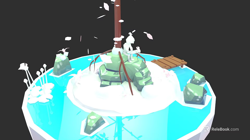 Rockery Stones On Circular Platform With Blue Water Wooden Bridge And White Splashes 3d model 