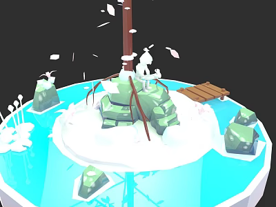 Rockery Stones On Circular Platform With Blue Water Wooden Bridge And White Splashes 3d model