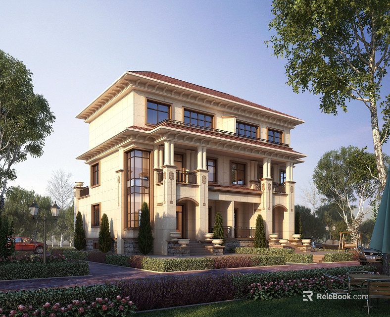 Semi Detached Villa Grand Exterior With Landscaped Gardens And Trees 3d model 