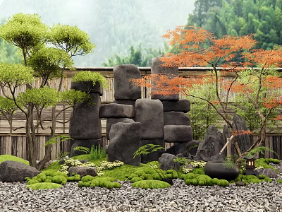 Tranquil Courtyard Garden With Stacked Stones Mossy Gravel Red Leaved Trees Wooden Fence And Lantern 3d model