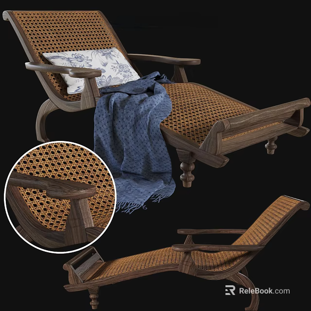 Wicker Lounge Chair With Wooden Armrests Blue Blanket And Decorative Pillow 3d model 