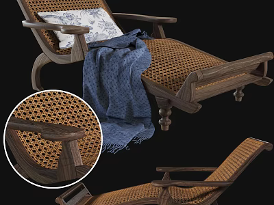 Wicker Lounge Chair With Wooden Armrests Blue Blanket And Decorative Pillow 3d model