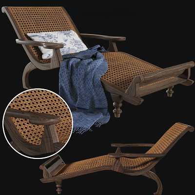 Wicker Lounge Chair With Wooden Armrests Blue Blanket And Decorative Pillow 3d model
