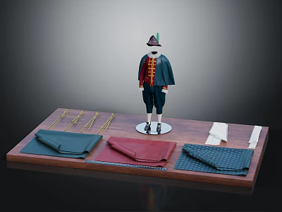 Traditional Clothing Display With Hat And Various Colored Fabrics On Stand 3d model