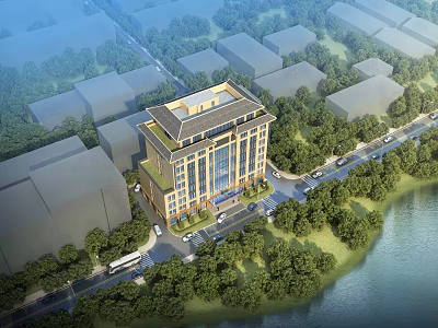 Modern School Building Surrounded by Green Trees Near Waterfront and Road 3d model