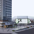Modern Urban Commercial Street With Multi Story Shops And Surrounding Tall Buildings