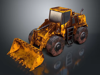 Yellow Rusty Heavy Duty Loader Vehicle With Large Wheels And Front Bucket 3d model
