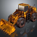 Yellow Rusty Heavy Duty Loader Vehicle With Large Wheels And Front Bucket