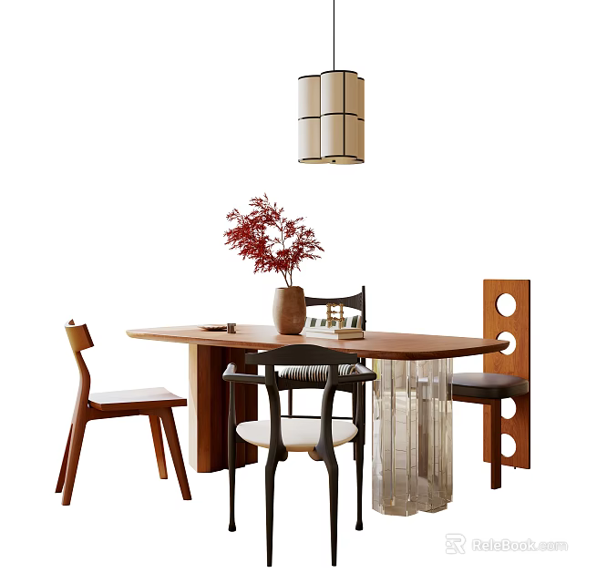 Modern Dining Table Set With Mixed Design Chairs Red Flower Vase And Pendant Light 3d model