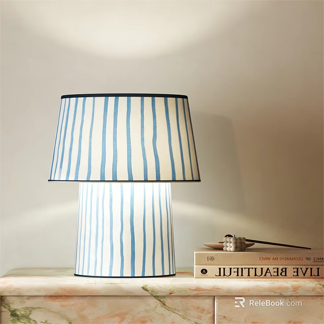 Blue White Striped Illuminated Table Lamp with Lampshade Base on Table with Books 3d model 